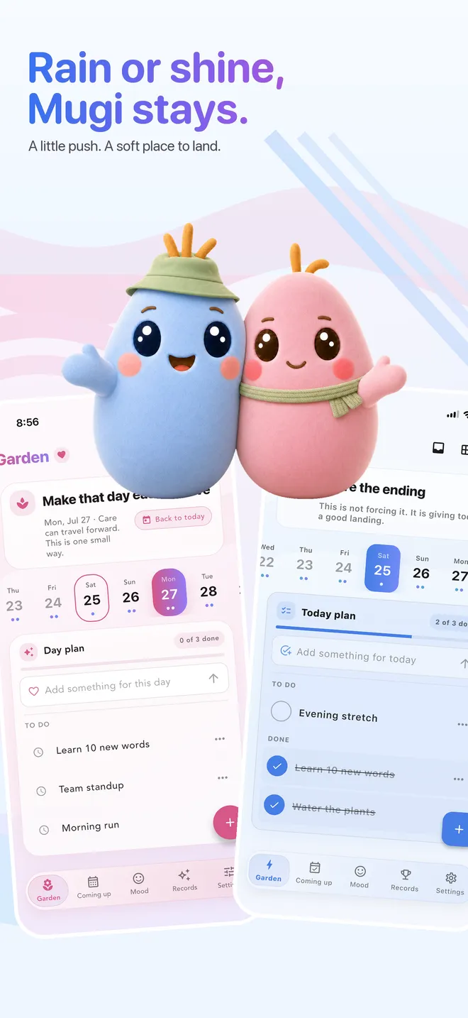 Mugi home and daily plan screens