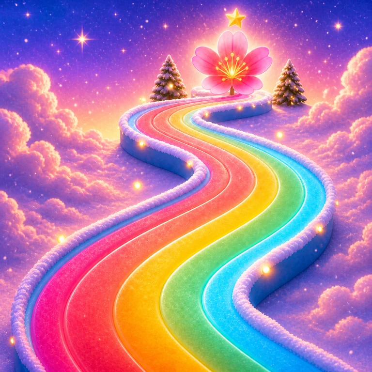 A snowy rainbow path leading through glowing clouds to a sakura flower