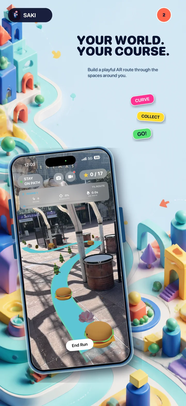 A curved AR route moving through a public plaza