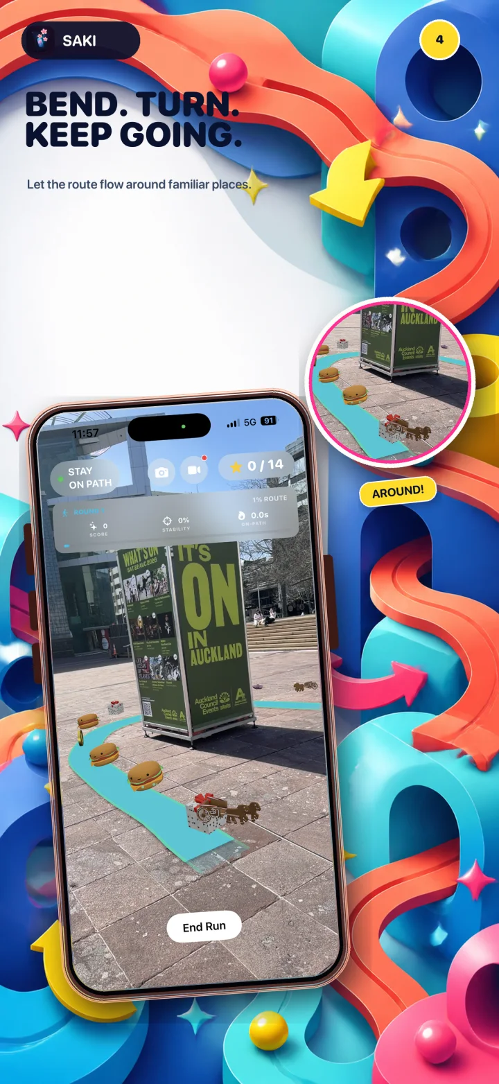 An AR path curving around a real-world object