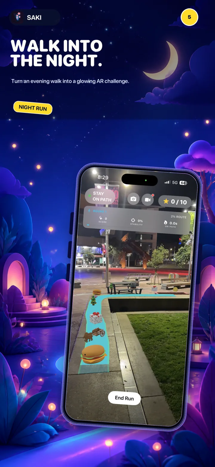 A glowing AR route during an evening walk