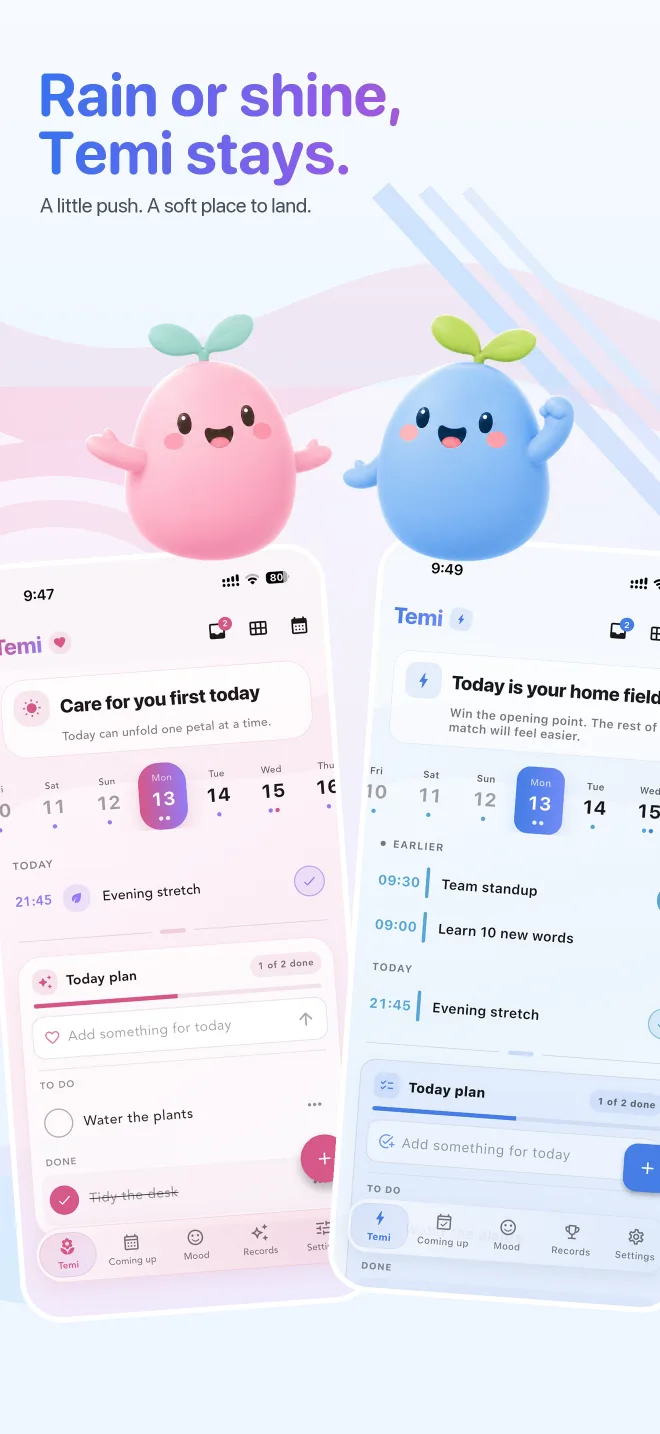 Temi home and daily plan screens